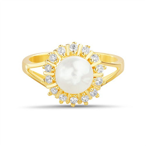 Anillo con perla central y zirconias alrededor dorado