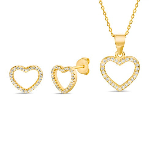 Juego de collar y aretes de contorno de corazon dorado