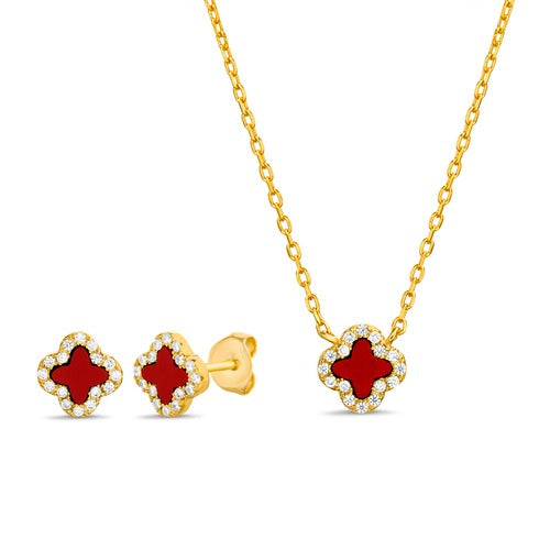 Juego de collar y aretes de trébol rojo con zirconias dorado
