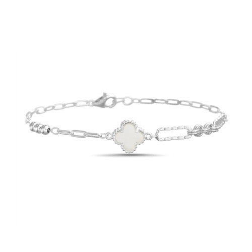 Pulsera de trébol concha nacar con eslabones plateada