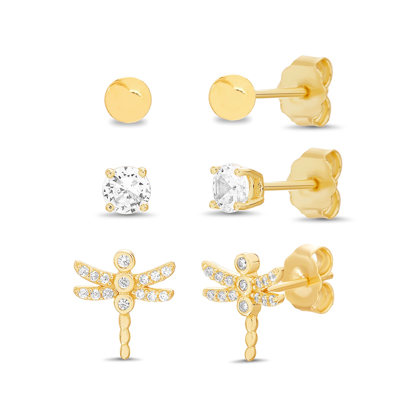 Trío aretes dorados: libelula, zirconia y círculo