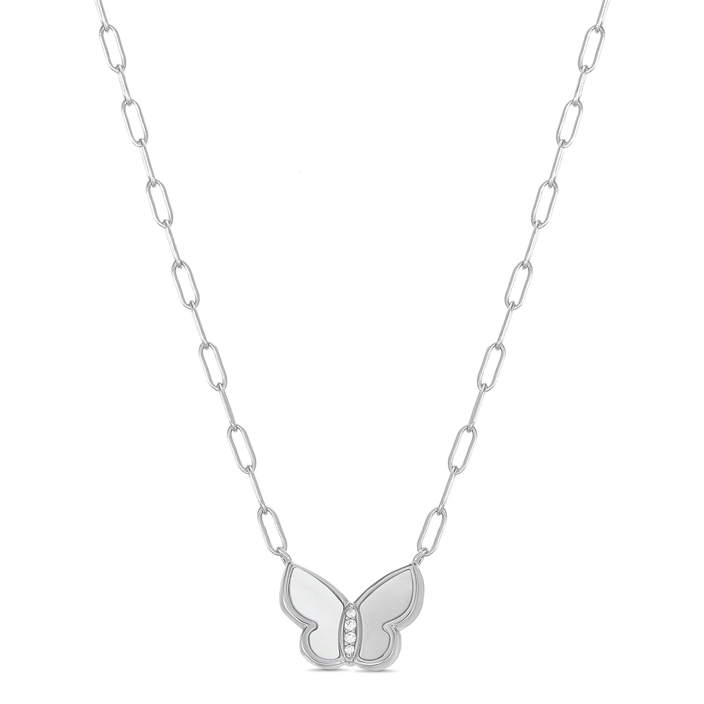 Collar plateado mariposa de concha nacar con zirconias
