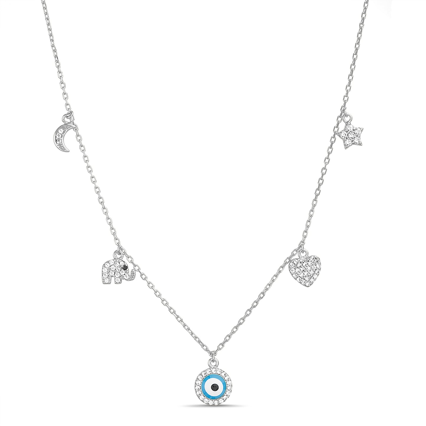 Collar plateado ojo turco con corazón, elefante, luna y estrella