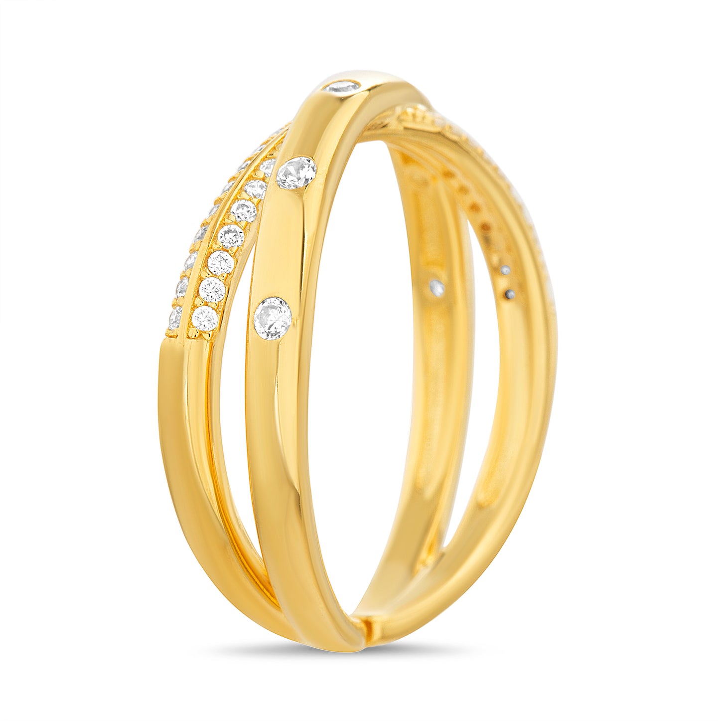 Anillo cruzado y liso con zirconias dorado