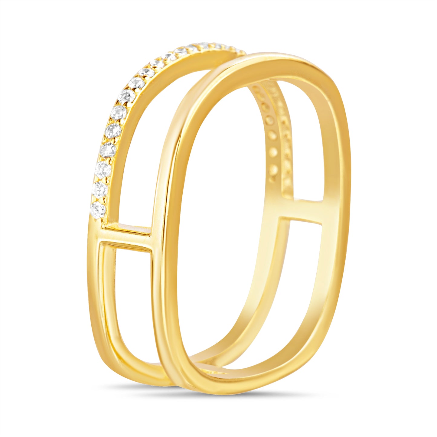 Anillo cuadrado doble fila lisa y con zirconia dorado