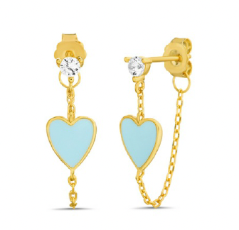 Aretes de cadena con corazón celeste dorados