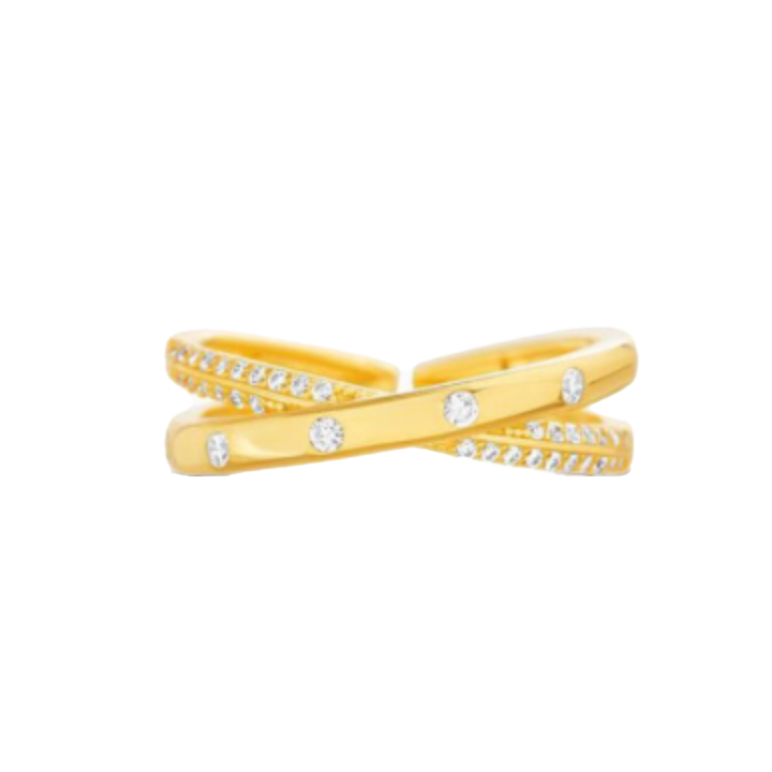 Anillo cruzado y liso con zirconias dorado