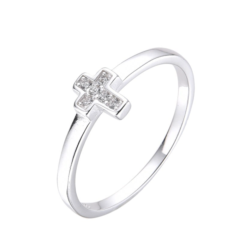 Anillo plateado cruz pequeña con zirconia