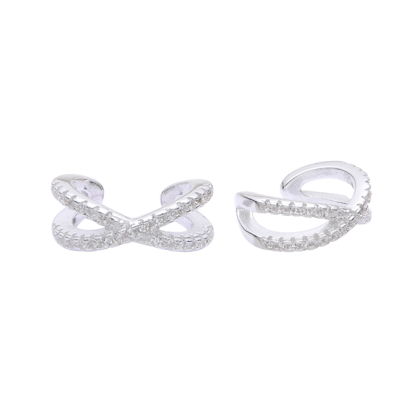 Ear cuff plateado en X con zirconia