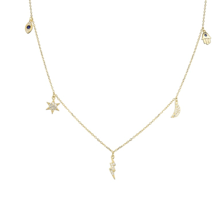 Collar dorado con luna, rayo, estrella, mano y ojo turco