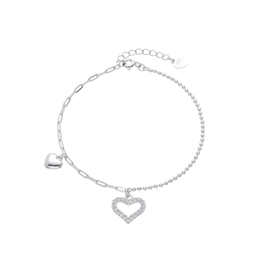 Pulsera plateada doble corazón
