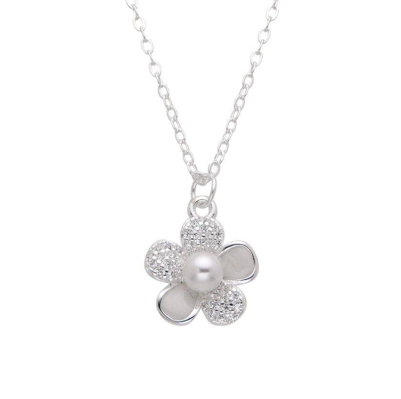 Collar plateado con dije de flor con zirconia y perla