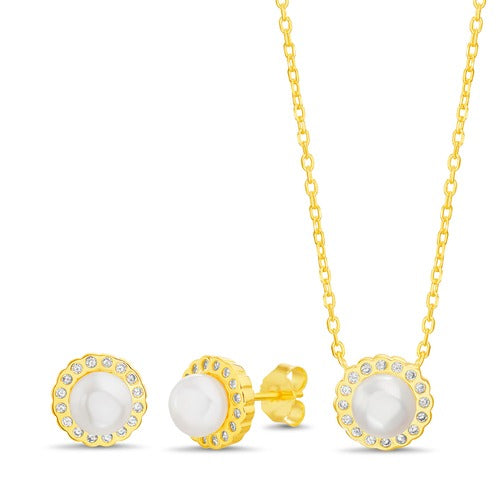 Set de collar y arete perla con zirconia alrededor dorado