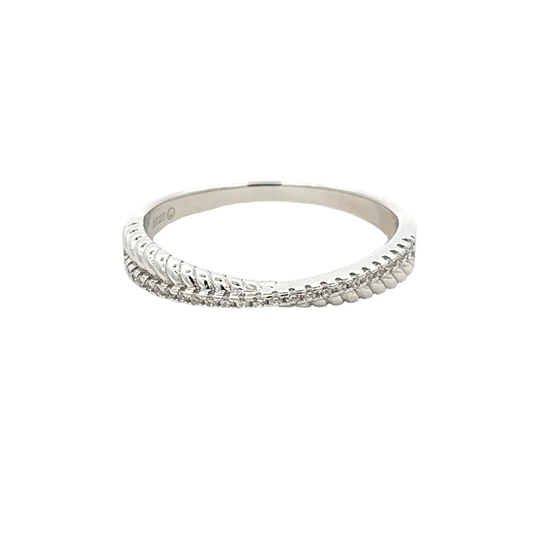 Anillo cruzado zirconias y lazo plateado