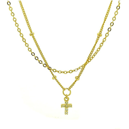 Collar doble cadena con cruz pequena dorado