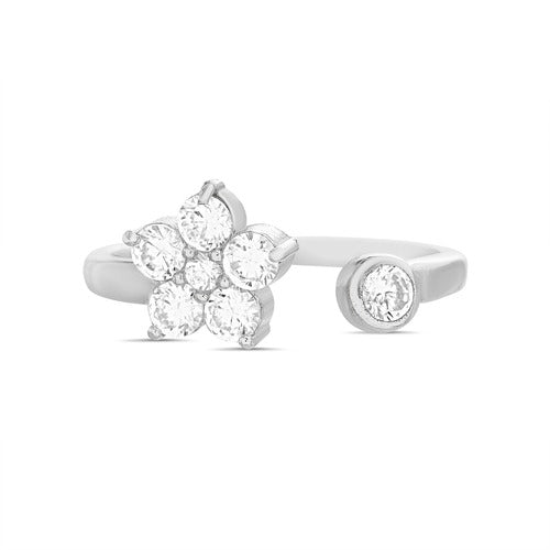 Anillo abierto de flor con zirconia plateado