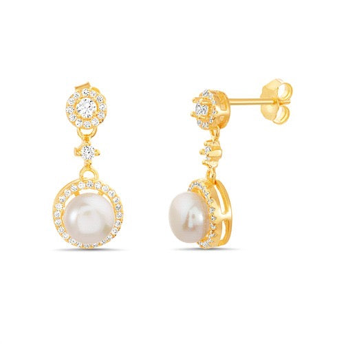 Aretes zirconia con perla y zirconias alrededor dorada