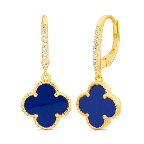 Aretes de trébol azul colgante dorado