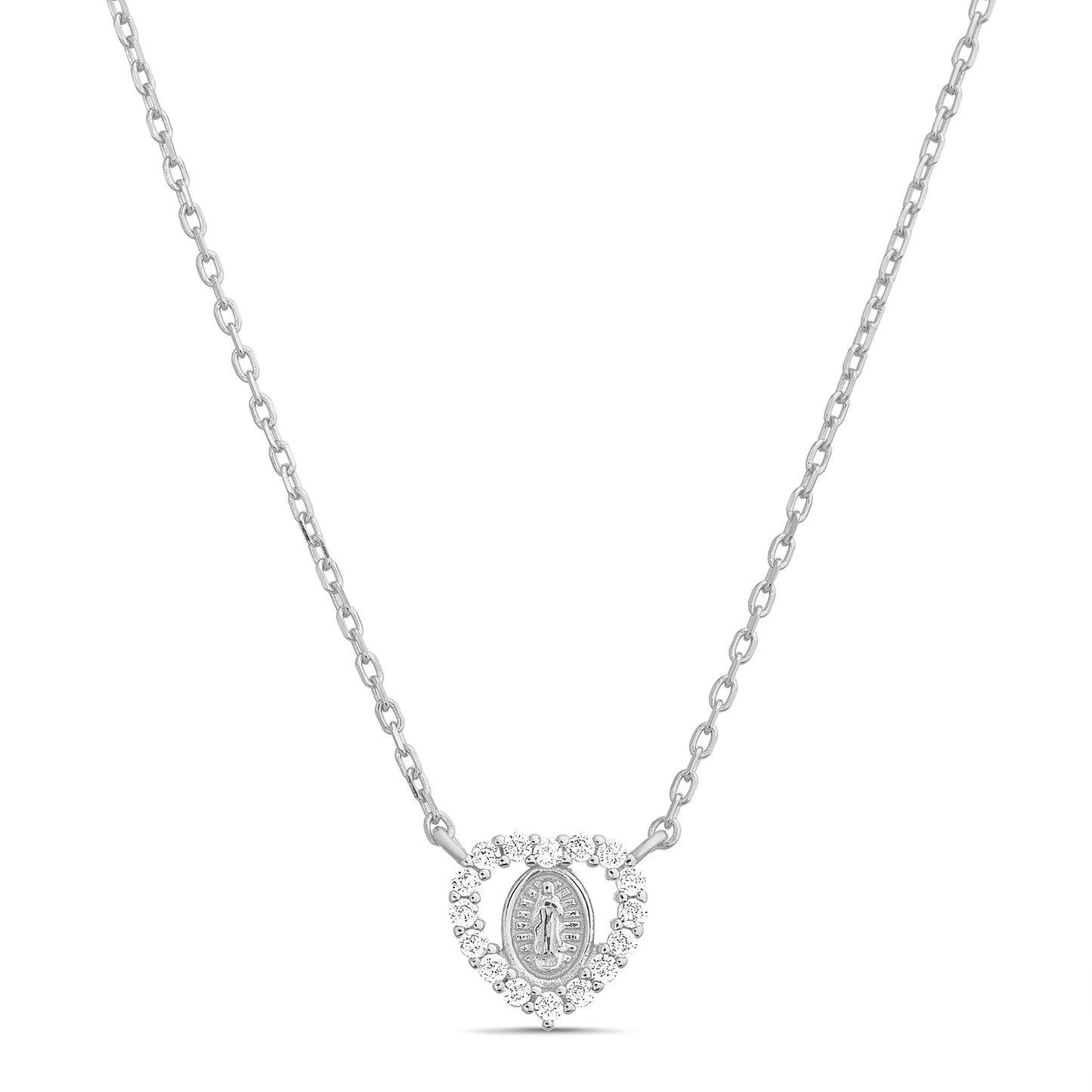 Collar plateado virgen pequeña dentro de corazón de zirconias