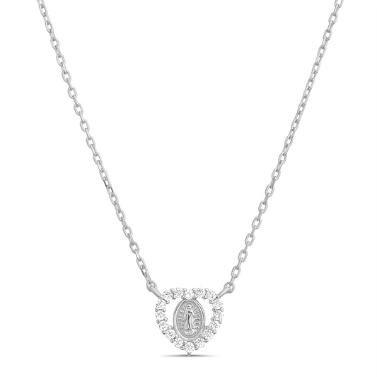 Collar plateado virgen pequeña dentro de corazón de zirconias