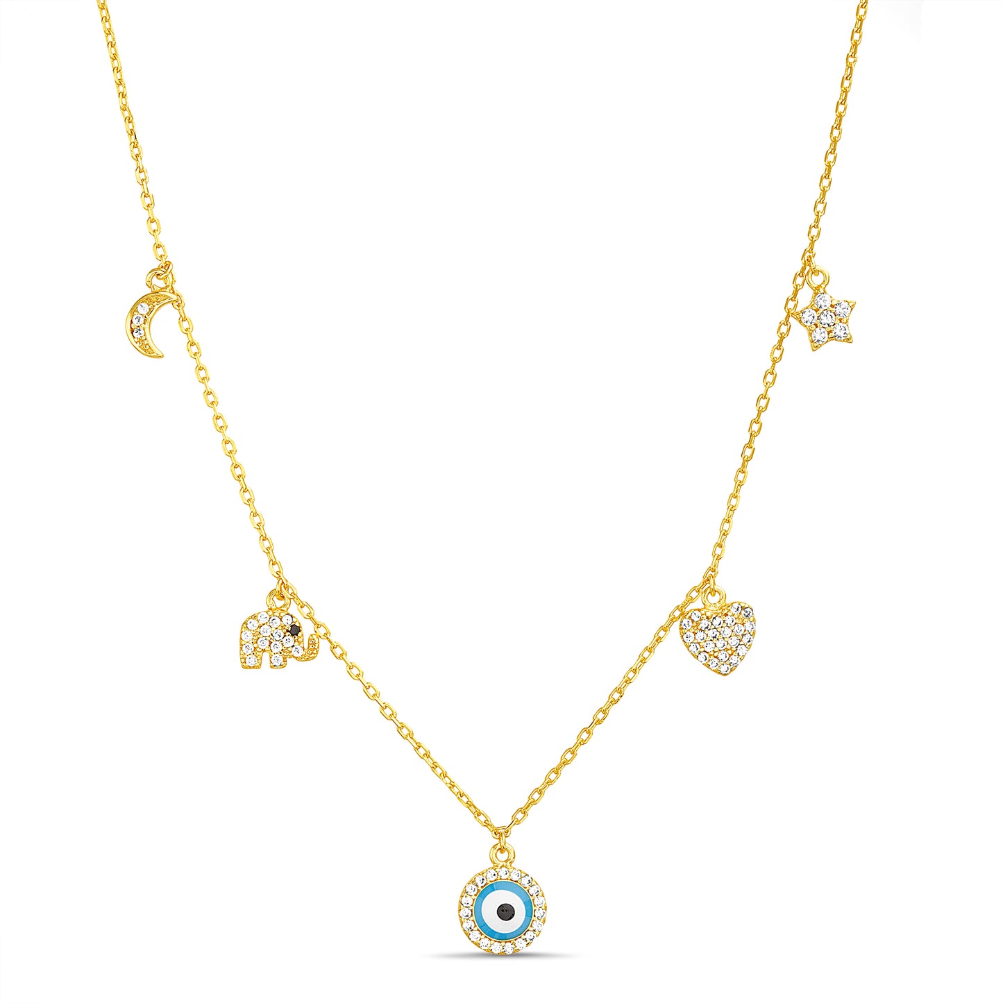 Collar dorado ojo turco con corazón, elefante, luna y estrella