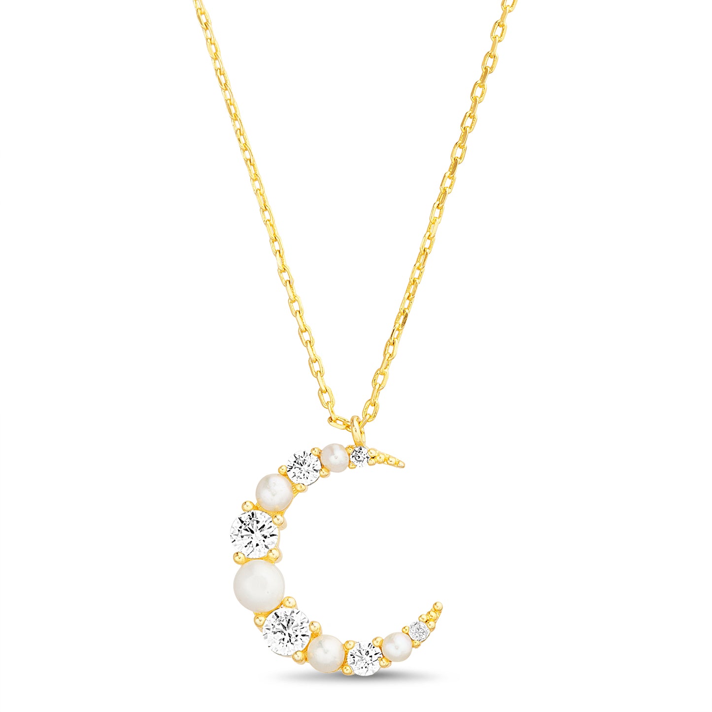 Collar dorado de luna con zirconias y perlas