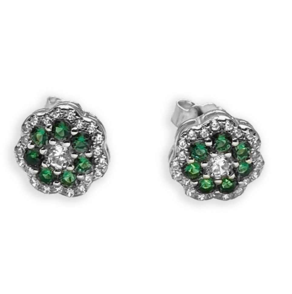 Aretes de flor verde con zirconia alrededor plateado