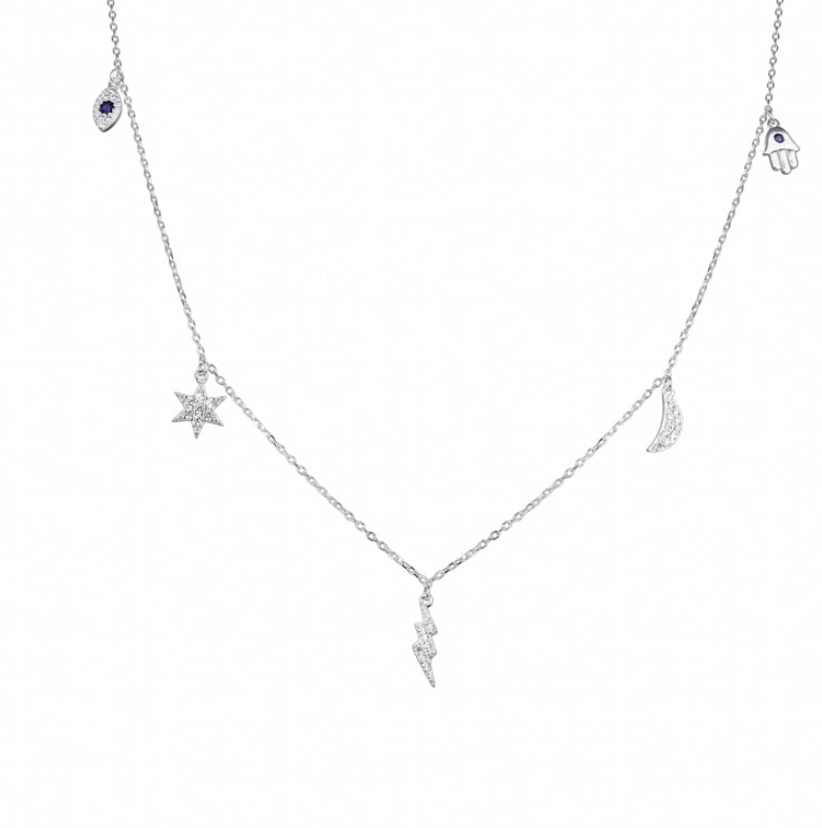 Collar plateado con luna, rayo, estrella, mano y ojo turco