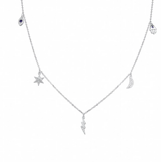 Collar plateado con luna, rayo, estrella, mano y ojo turco