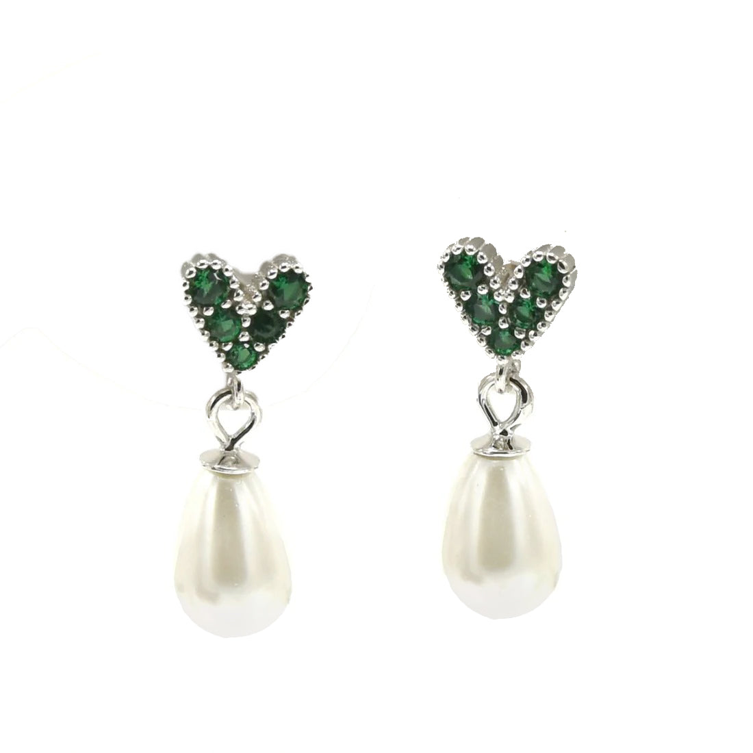 Arete perla corazon verde plateado
