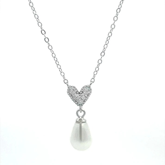 Collar perla corazon zirconia plateado